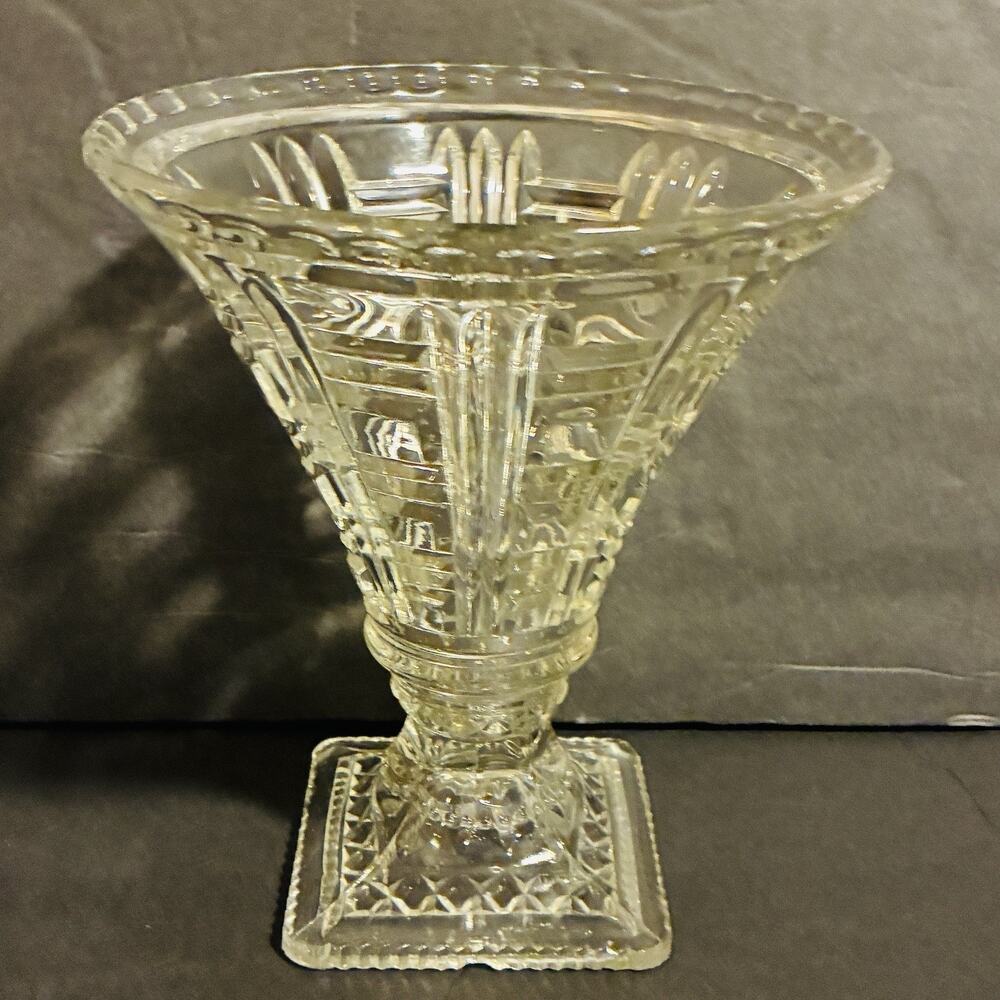 Vintage Pressed Glass Pedestal Vase Trumpet Urn Large Clear Glass 8.5”